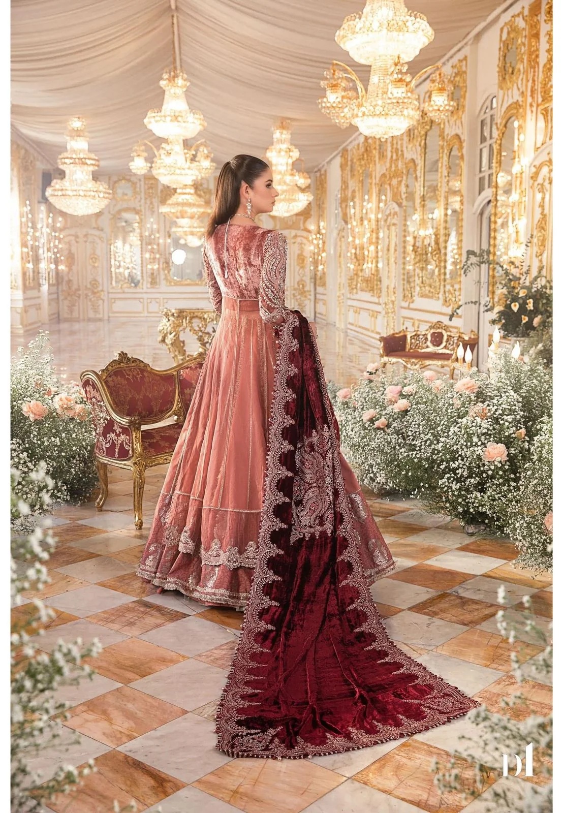 Salmon Pink BD pakistani fashion outfit in pink tones.